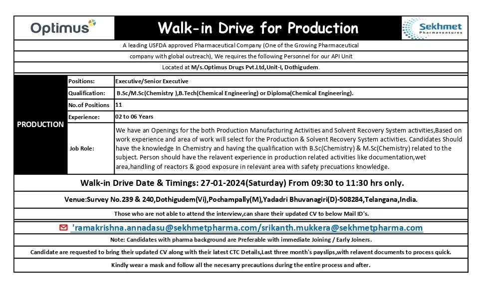 Optimus (Sekhmet Pharma) - Walk-In Drive for B.Sc, M.Sc, B.Tech, Diploma on 27th Jan 2024